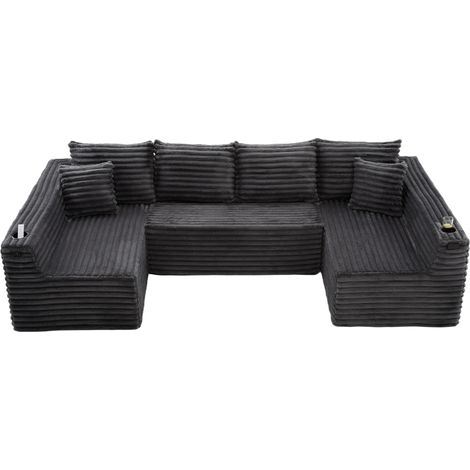 Modulares U Sofa mit Becherhaltern und Seitentaschen, Cordstoff Dunkelgrau (1/5)
