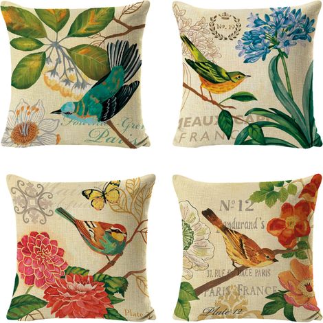 Housse de coussin déperlante Kizocay, lot de 4 taies carrées 45x45 cm, lin lavé style campagne, coussin décoratif extérieur pour terrasse et jardin, motif oiseau, résistant à l'eau (1/5)
