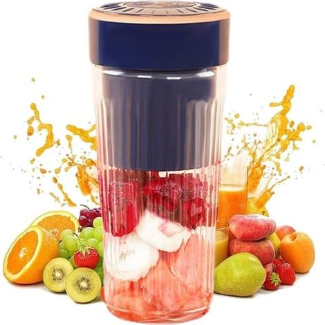 Presse-agrumes portable et rechargeable (bleu marine), 300 ml, 6 lames, broie la glace, puissant, idéal pour les voyages et le sport. (1/5)