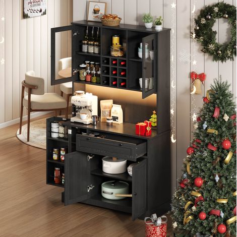 REDOM - Aparador de cocina 180x105x40 cm, iluminación LED, toma integrada y estantes regulables, MDF negro (1/5)