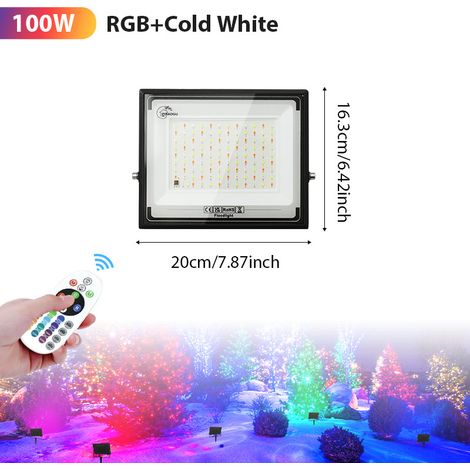 100W LED Gartenstrahler RGB + Weißlicht, Flutlicht mit Fernbedienung, Wasserdicht IP65 für Einfahrt und Hof