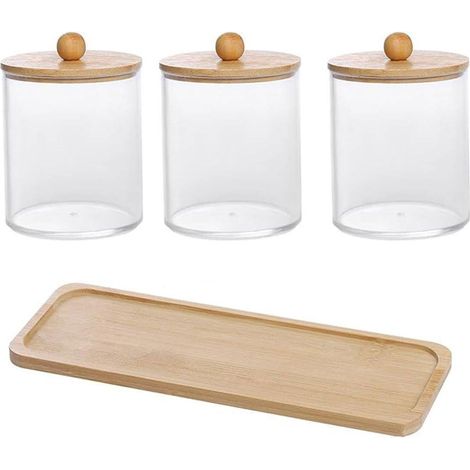 Ensemble de 3 pièces : porte-cotons-tiges avec plateau de toilette, pots d'apothicaire transparents et couvercles en bois. (1/5)