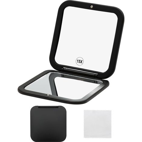 Miroir de poche pliable double face 15X/1X, carré de 8 cm, pour maquillage de précision en voyage (noir) (1/5)