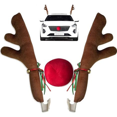 Décoration de Noël pour voiture : bois de renne, kit de décoration avec grelots, renne Rudolph et nez rouge, pour voiture, SUV, fourgonnette ou camion. (1/4)