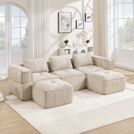 Canapé en U modulable 3 places avec pouf, canapé lounge en tissu avec assise épaisse et modules séparables pour salon Beige crème, 271 x 162 x 67 cm (1/5)