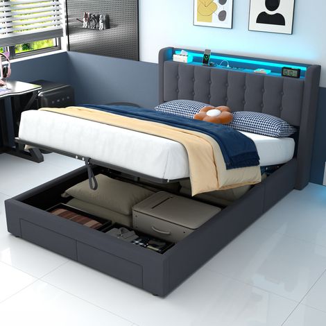 Cama tapizada 140x190 cm con cajones, USB y LED HAVRYA (1/5)