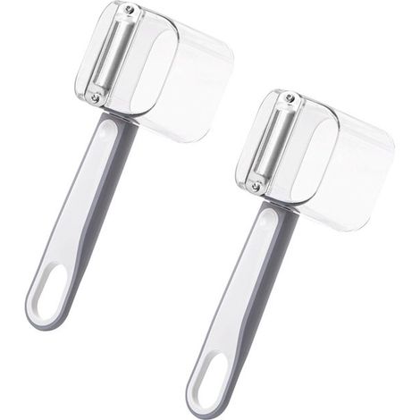 Pelador de patatas de 2 piezas con caja de almacenamiento, Pelador multiusos de acero inoxidable de doble cara, Fácil de limpiar, Gris (1/5)