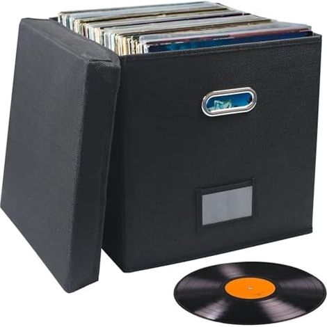 Aufbewahrungsbox für 17,8"- und 12"-Vinyl-Schallplatten, großes Fassungsvermögen für bis zu 90 Schallplatten, faltbar und tragbar (schwarz) (1/5)