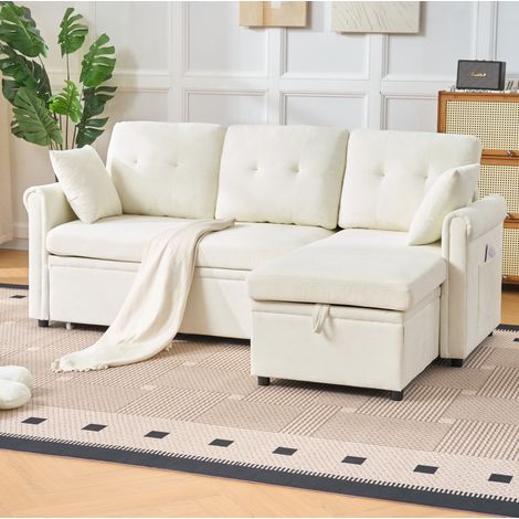 Sofá esquinero convertible 206x130x85 cm con arcón, reversible, chenilla, para salón y invitados - beige (1/5)