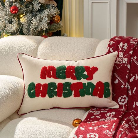 Housse De Coussin Noel - Motif Flocon De Neige Et Texte Merry Christmas - 30x50 Cm - Polyester - Pour Canapé Salon Chambre - 1 Pièce (1/5)