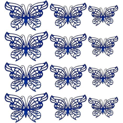 Lot de 12 papillons 3D ajourés décoratifs, autocollants muraux polyvalents et imperméables, 3 tailles disponibles pour la décoration de fond. Légers et résistants.-Blue (1/5)