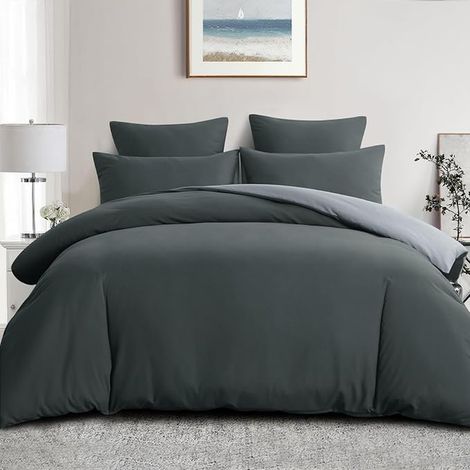 Housse de Couette 220x240 Réversible - Parure de Lit Bicolore Adulte 2 Personnes avec Fermeture éclair, Taie Oreiller 65x65, Anthracite et Gris Clair (1/5)