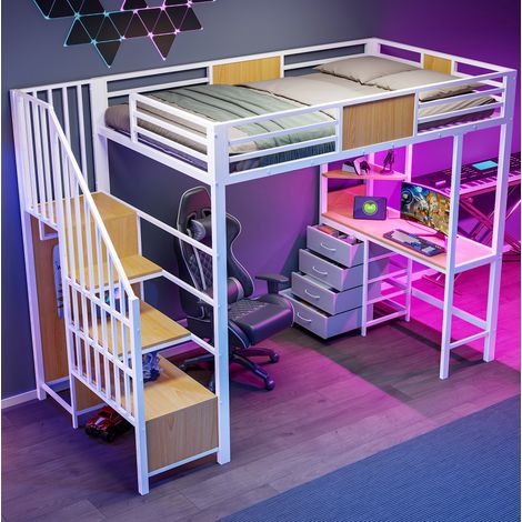 MODFU – Cama alta 90x200 cm con escritorio integrado, armario, compartimentos de almacenaje, LED y enchufe, altura bajo cama 144 cm – Blanco (1/5)