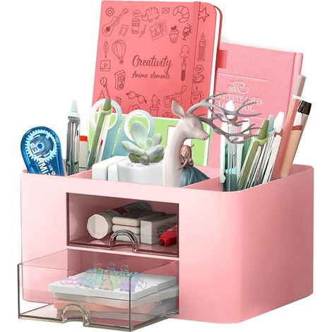 Organisateur de Bureau, Rangement en Plastique avec 5 Compartiments, 2 Tiroirs Coulissants, Organisateur de Maquillage Boîte à Cosmétique pour Maison École Bureau - Rose (1/5)