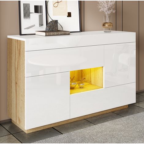 Buffet design blanc brillant avec LED 16 couleurs, 2 tiroirs, 2 portes, niche ouverte et finition aspect bois, 120 cm, CHICFURN (1/5)