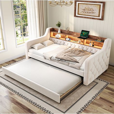 Ausziehsofa Bett 90x190 cm mit Stauraum, USB-C Anschluss, LED Beleuchtung, Samt, Beige (1/5)