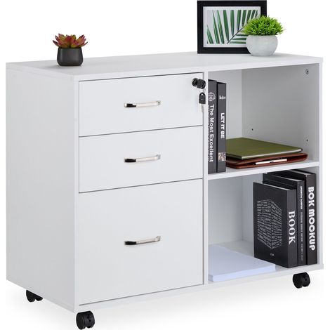 Relaxdays Mueble Archivador, 3 Cajones, 2 Compartimentos, 66x80x40 cm, 4 Ruedas Cajonera Oficina, con Llave, Blanco
