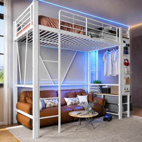 DESMIU Lit mezzanine 1 place avec 4 tiroirs, étagères, USB et Type-C 90 × 200 cm, sans matelas, blanc (1/5)