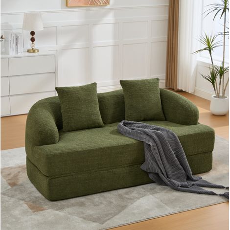 Sofá cama 2 plazas 2 en 1 de chenilla con 2 cojines, plegable, verde HAVRYA (1/5)