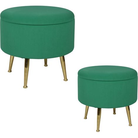 Tabouret pouf rond tissu vert pieds dorés TIM (lot de 2) (1/2)