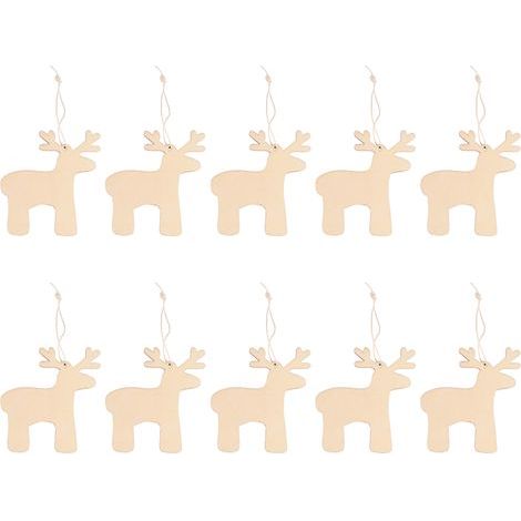 Lot de 10 décorations suspendues en bois peuplier E1 pour sapin Noël, forme renne et flocon 10 cm, avec cordes (1/5)