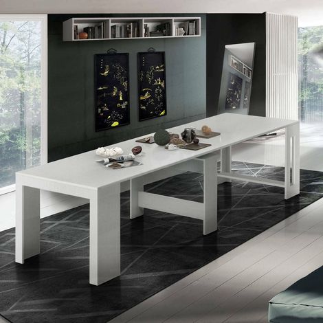 Dmora Mesa de comedor moderna, Made in Italy, Consola extensible hasta 12 asientos, con soporte de extensión, 51x90h77 cm (hasta 300 cm) color Alerce blanco brillante, con embalaje reforzado (1/5)