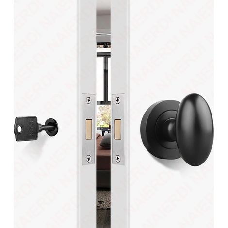 (Ovale noir avec clé) Ensemble de poignée de porte de confidentialité en alliage de zinc noir, serrure de porte cachée invisible, poignée de porte coulissante sans clé, serrure mécanique sans clé (1/5)