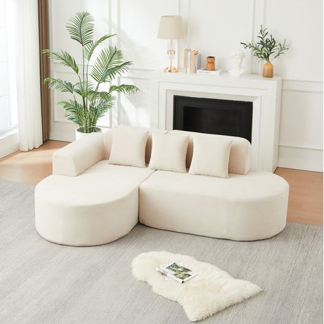 Divano angolare 220 cm in velluto a coste beige, 3 cuscini, schienale e braccioli curvi (1/5)