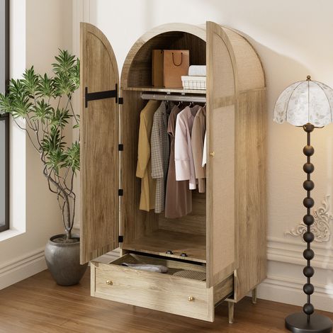 Armadio guardaroba 175 cm con 2 ante in tessuto, barra appendiabiti e cassetto, mobile camera in stile rustico finitura rovere con piedi in legno, colore rovere