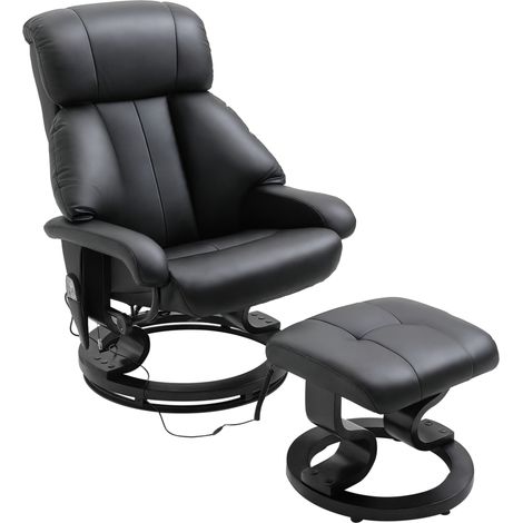 HOMCOM Massagesessel mit Hocker, 360° drehbarer Relaxsessel mit Liegefunktion, Massagefunktion TV-Sessel Fernsehsessel mit Seitentasche für Wohnzimmer, Kunstleder, Schwarz
