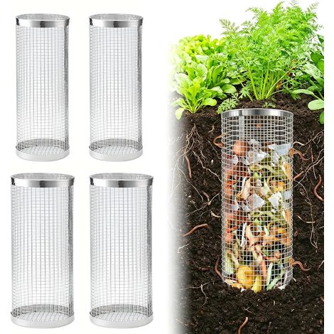 Composteur de Jardin Lot de 4 Acier Inoxydable, Composteur Enterré 2 Tailles (Ø10/9cm) Potager Plate-Bande, Bac Compost Déchets Organiques Engrais Naturel Écologique pour Plantes (1/5)