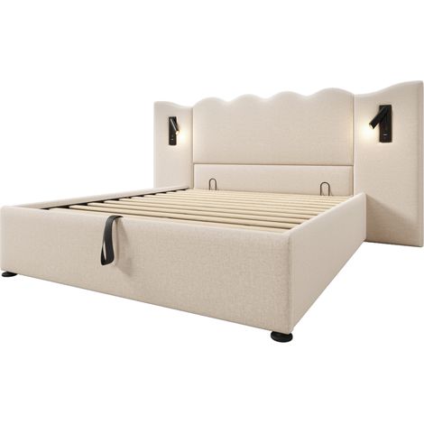 Cama doble 160x200 de lino beige con lámpara de lectura y carga USB Type-C (1/5)