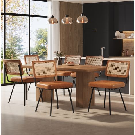 6er-Set Esszimmerstühle aus PU-Leder mit Rattan-Rückenlehne, 61 x 46 x 79 cm, braun HAVRYA (1/5)