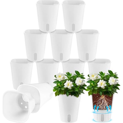 Set of 12 Automatic Watering Flower Pots, 11.5 cm, White Flower Pot with Water Reserve, Indoor Plant Pot for Succulent Herbs and Flowers (1/5)
