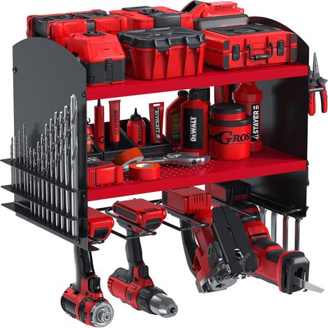 Perceuse-visseuse à percussion murale, 4 emplacements pour perceuse électrique, étagère, tournevis, organisation d'outils, étagère à outils (rouge) (1/5)