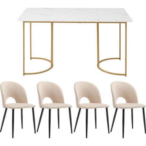 5-teiliges Esszimmerset 140x80 cm mit 4 Samtstühlen in Beige (1/5)