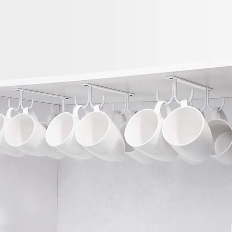 Crochet pour armoire, crochet de rangement en métal sous l'armoire avec 4 vis, set de 3 porte-gobelets, tasses, verres à bière, ustensiles de cuisine, (blanc) (1/5)