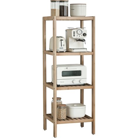 Étagère sur pied carrée en bambou à 4 niveaux – 33 x 33 x 98 cm. Étagère de rangement ouverte pour le salon, la cuisine, la salle de bains et le balcon. Couleur marron