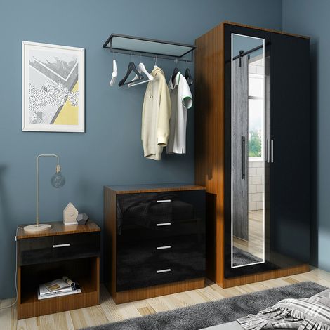 ELEGANT Modern High Gloss Wardrobe and Cabinet Furniture Set 2 Doors Wardrobe and 4 Drawer Chest and Bedside Cabinet, Black/Walnut, with Mirror (1/5)