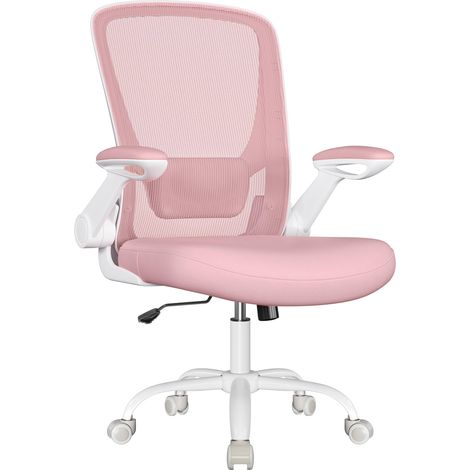 Chaise Bureau Ergonomique, Tissu en Maille, Support Lombaire, Mécanisme à Bascule, Assise Large de 53 cm, Accoudoirs Rabattables, pour Bureau, Chambre, Rose Bonbon OBN037R01 (1/5)