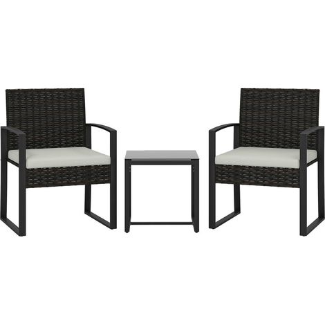 Salon de Jardin Bistrot 3 Pièces Ensemble 2 Chaises et Table Basse Résine Tressée PE Coussins Blanc Crème pour Balcon (1/5)