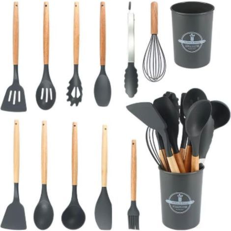12-Piece Silicone Kitchen Utensil Set with Wooden Handles - Heat Resistant, Stain Resistant and Durable (Grey) (1/5)