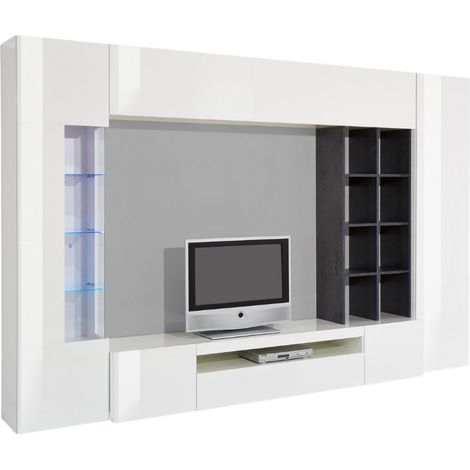 Parete Attrezzata Igor, 7 Ripiani, Modulabile Made in Italy, 40x290x192h cm Bianco Lucido (1/4)