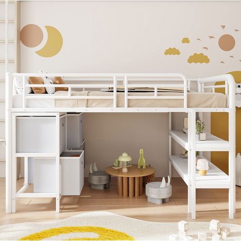 MEUBLIV Lit superposé bas 90x200 cm blanc – rangement intégré, sans matelas (1/5)