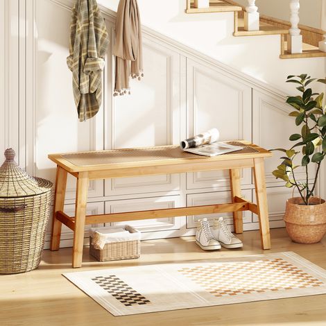 CASART Bamboo Dining Bench with Handwoven Rattan Seat Wooden Entryway Bench (1/5)