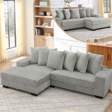 L-förmiges Ecksofa – 4-Sitzer Sofa, 256.5 x 133.5 x 89 cm, Klassisches Corduroy, Stabilere Kunststoffbeine, Modulares Design, inklusive 6 Kissen, Ideal für Wohnzimmer, Apartments und Büros, Gray