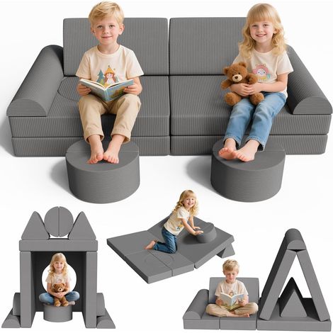 Umwandelbares Kindersofa, Cord-Kinder-Sofa, Kinderschlafsofa, Kindersessel für Spielzimmer und Schlafzimmer (Grau) (1/5)