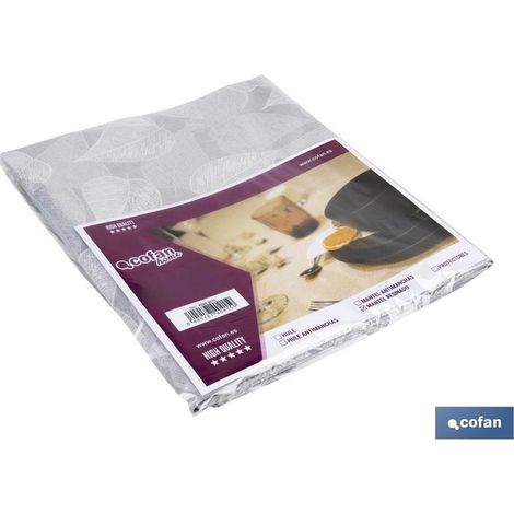 Fleckenbeständige Tischdecke aus Harz mit Blattmuster, 140 x 250 cm, 60 % Baumwolle und 40 % Polyester, Weiß und Grau
