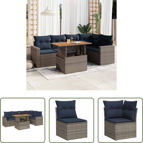 Terrassensofa -  6-tlg. Garten-Sofagarnitur mit Kissen Grau Poly Rattan (1/5)