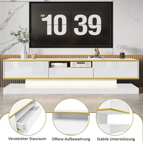 TV-Schrank aus Spanplatte in Weiß/Gold, 180 x 38 x 45 cm, Hochglanz, 3 Schubladen, LED-Beleuchtung (1/5)